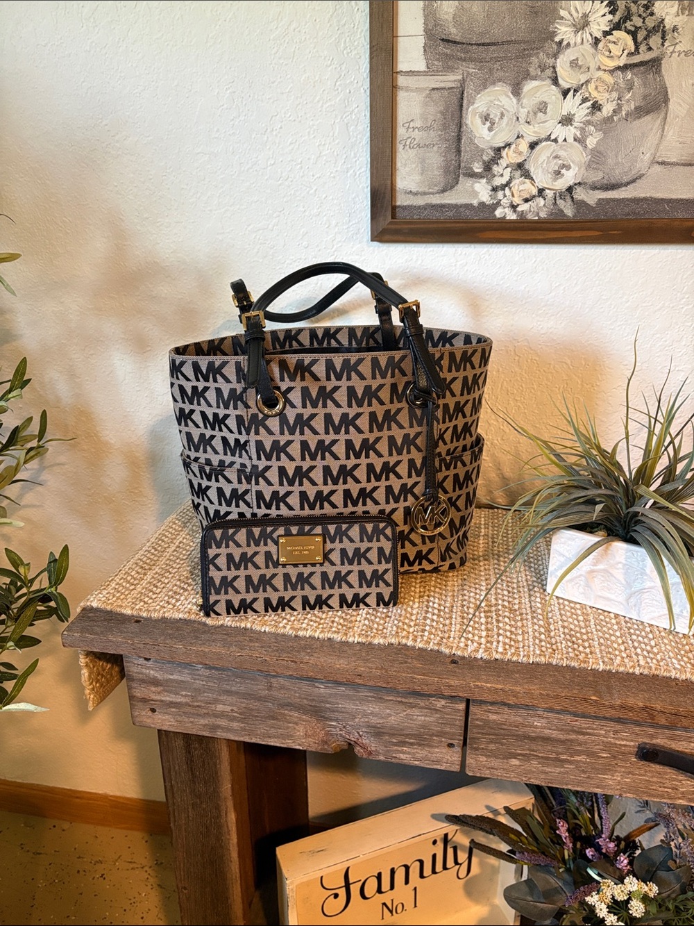 Michael Kors Black & Tan MK Logo Tote with Matching Wallet